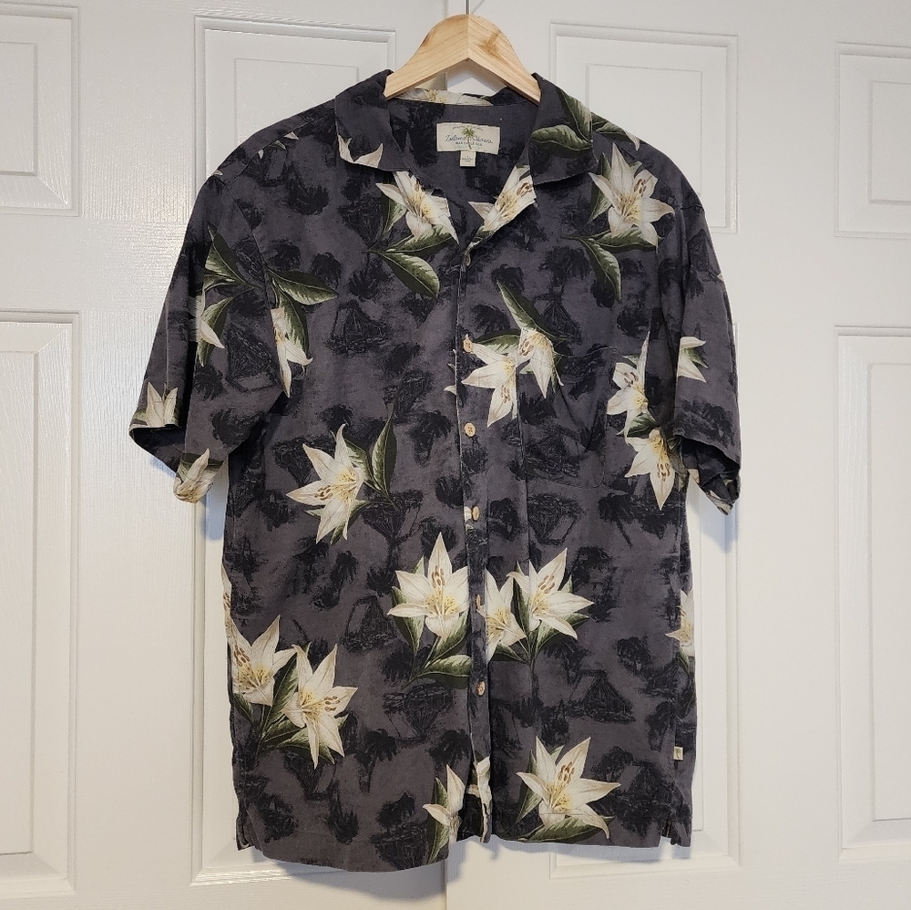 Island Shores Pointed Collar Floral Print Down Silk Gray Men's Shirt Size L